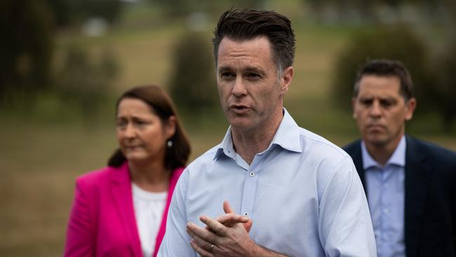 Labor candidate for Gilmore, Fiona Phillips, left, with state Labor leader Chris Minns, and health spokesman Ryan Park. Picture: Nathan Schmidt