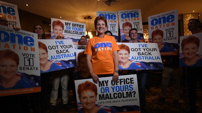 Pauline Hanson during a live television cross at her election-night function in Ipswich, west of Brisbane, on July 2, 2016. Picture: AAP Image/Dan Peled