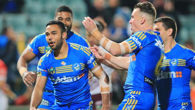 the Eels' Bevan French celebrates a try during the Parramatta Eels v Manly Sea Eagles round 22 NRL game at Pirtek Stadium, Parramatta. pic Mark Evans