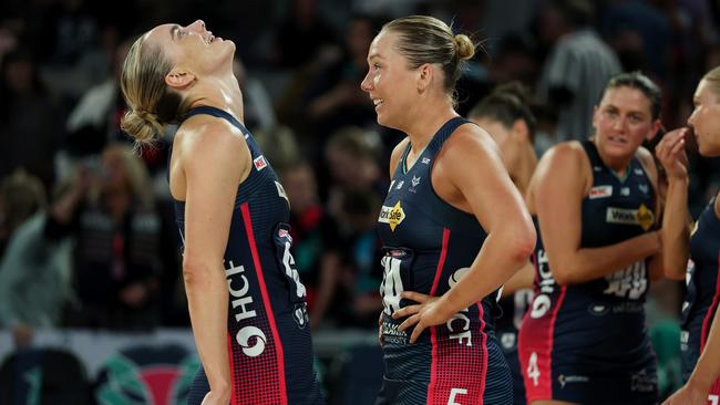 MELBOURNE, AUSTRALIA - MAY 04: Kiera Austin of the Vixens and Hannah Mundy of the Vixens celebrate after winning the round four Super Netball match between Melbourne Mavericks and Melbourne Vixens at John Cain Arena, on May 04, 2025, in Melbourne, Australia. (Photo by Daniel Pockett/Getty Images)