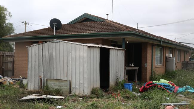 The backyard shed where the tragic fire happened in Officer Court, Corio. Picture: NCA NewsWire/David Crosling