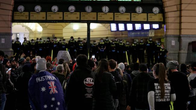 Anti-lockdown protesters rally in Melbourne on August 5, as authorities announced a sixth lockdown for the city. Picture: AFP