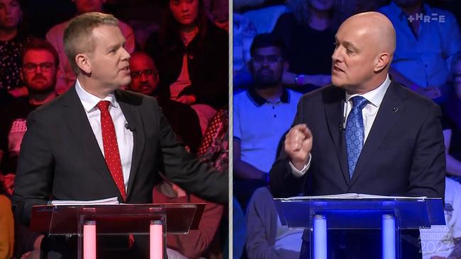 Prime Minister Chris Hipkins and National Party leader Chrisopher Luxon debate each other on national TV. Picture: Newshub