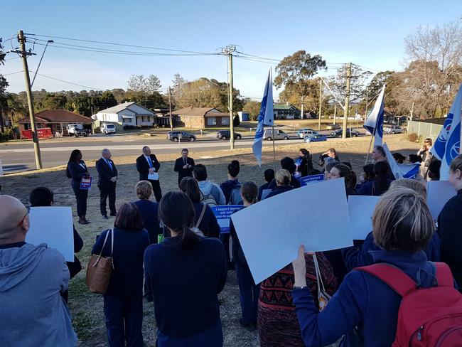 Nurses protest for a new nursing ratio system at Blacktown Hospital, with front (L-R) Seven Hills candidate Durga Owen, Prospect MP Hugh McDermott, shadow health spokesman Walt Secord and Blacktown MP Stephen Bali.