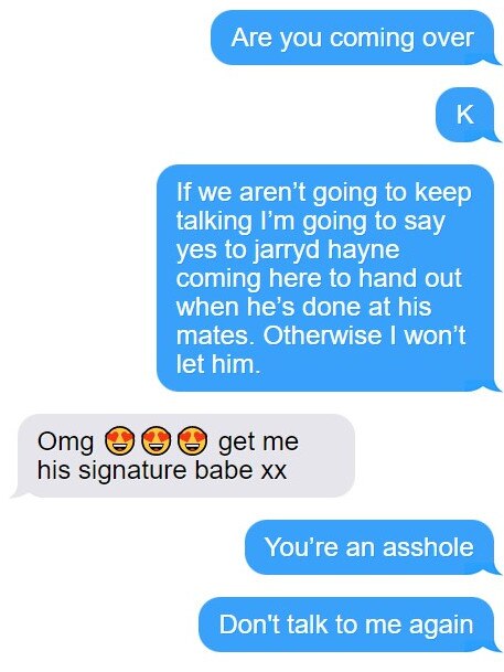 The victim said she would “say yes to Jarryd Hayne”. Picture: Text mockup from messages tendered in court documents