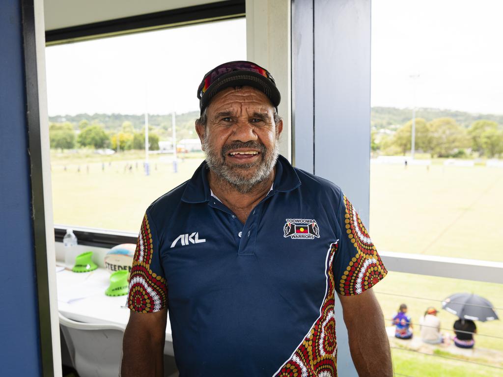 Tom Clevin in the announcers box at the Warriors Reconciliation Carnival women's games hosted by Toowoomba Warriors at Jack Martin Centre, Saturday, January 18, 2025. Picture: Kevin Farmer