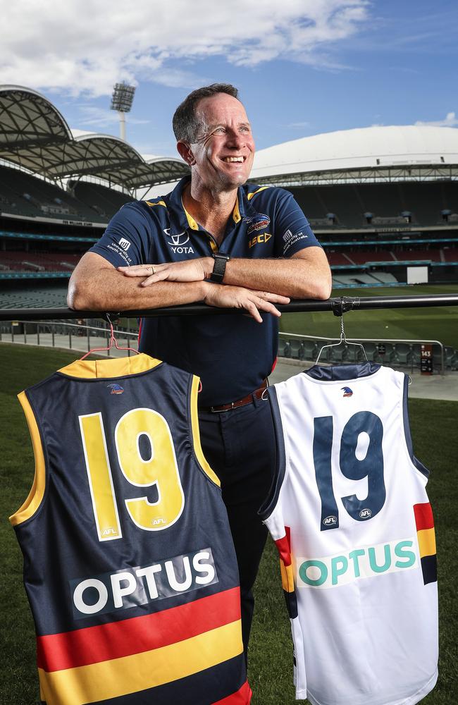 Crows coach Don Pyke at Adelaide Oval for the announcement of the club’s new sponsor - Optus - which will feature on the back of the playing jumpers. Picture: Sarah Reed