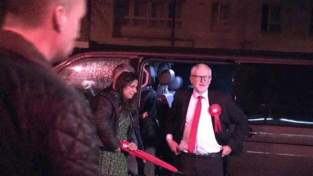 Jeremy Corbyn arrives for the count. Picture; BBC.