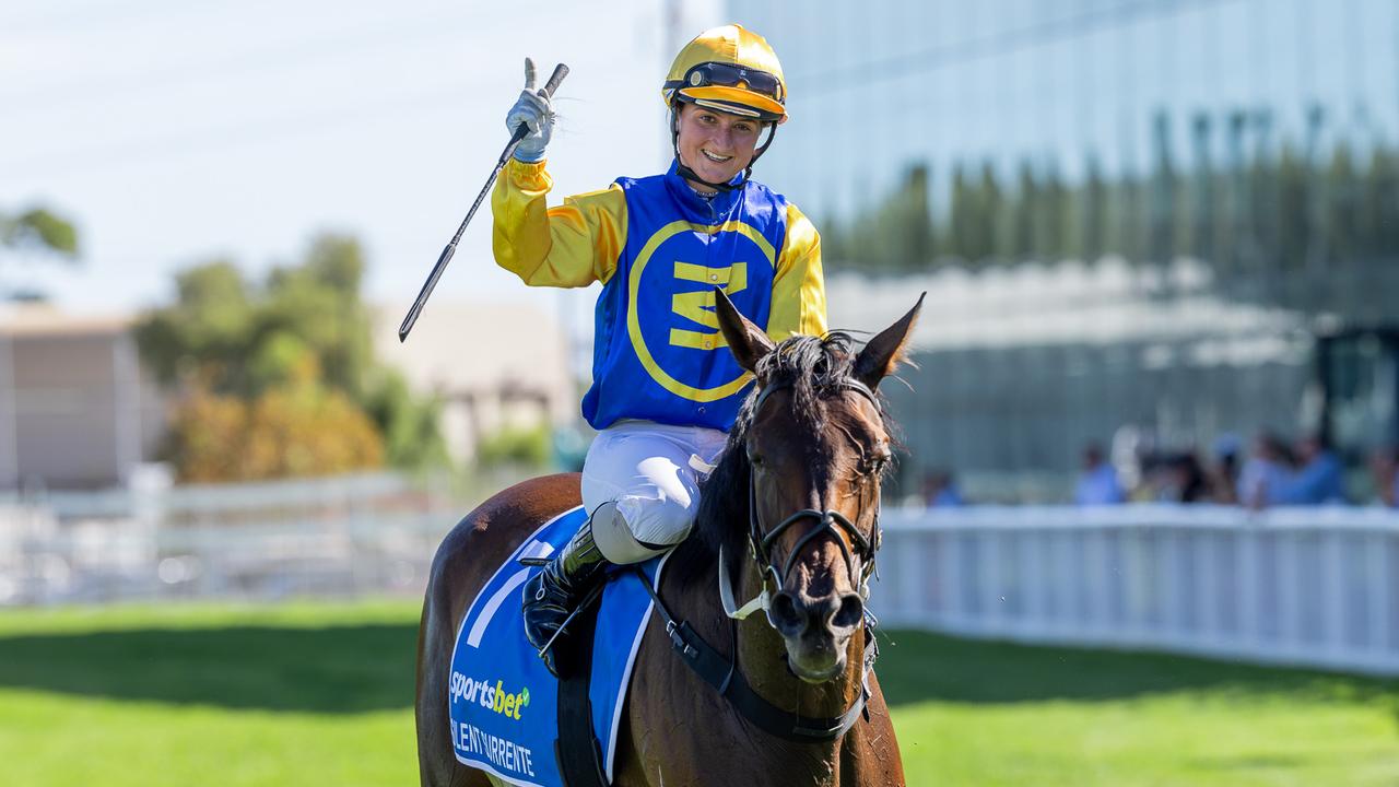 Rochelle Milnes celebrates winning the Adelaide Cup aboard Silent Surrente. Picture: Makoto Kaneko