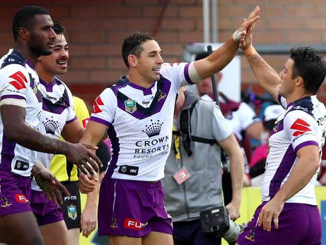 Storm's Susliasi Vunivalu celebrates scoring his try with team matesduring the round 7 NRL game between the Manly Sea Eagles and the Melbourne Storm at Lottoland , Brookvale . Picture : Gregg Porteous