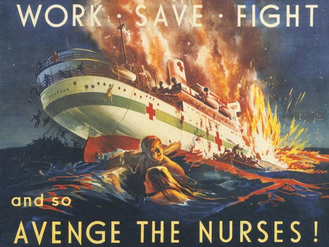 A propaganda poster featuring the sinking of the AHS Centaur