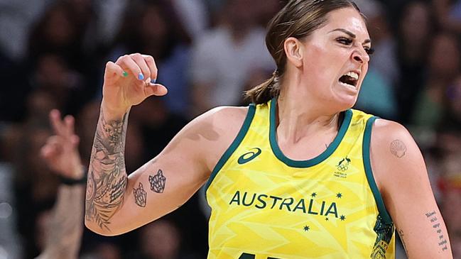 LILLE, FRANCE - AUGUST 01: Cayla George #15 of Team Australia celebrates during the Women's Group Phase - Group B match between Team Australia and Team Canada on day six of the Olympic Games Paris 2024 at Stade Pierre Mauroy on August 01, 2024 in Lille, France. (Photo by Gregory Shamus/Getty Images)