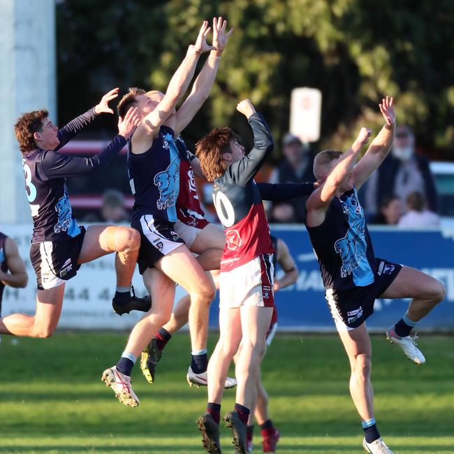 Eaglehawk’s Cameron McGlashan leaps over Sandhurst’s Tanner Nally. Picture Yuri Kouzmin