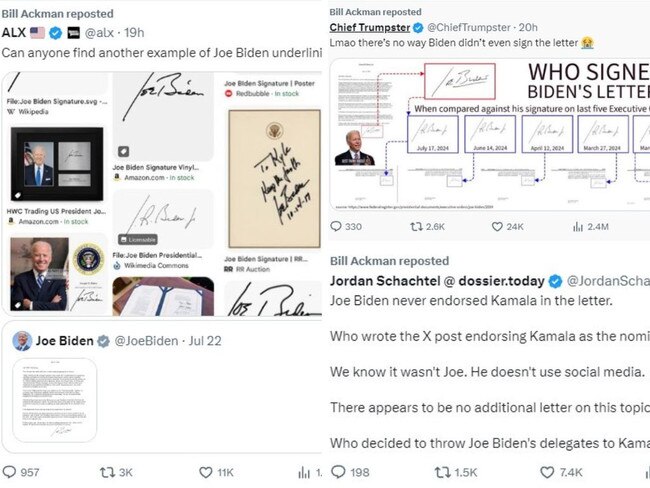 Billionaire Bill Ackman reposted conspiracy theories about Mr Biden's letter. Picture: X