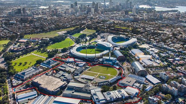 An aerial view of the Moore Park Entertainment Quarter, which is set for a massive overhaul. The lease boundary is outlined in red. Picture: Supplied