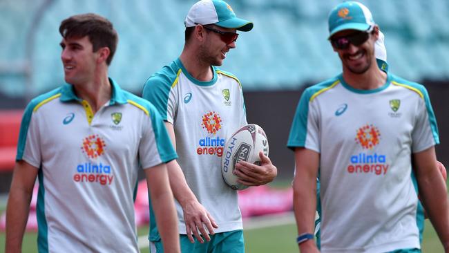 Australia's pacemen Pat Cummins, Josh Hazlewood and Mitchell Starc. Picture: AFP