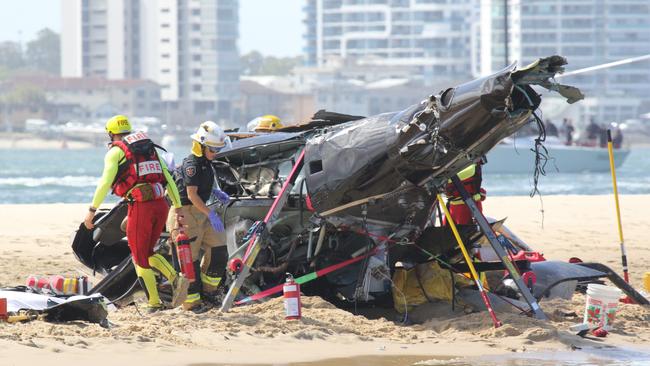 Video of the tragedy shows one of the aircraft lifting off a helipad operated by the theme park ­moments before it clipped the other at an estimated height of 500m. Picture: News Media Network