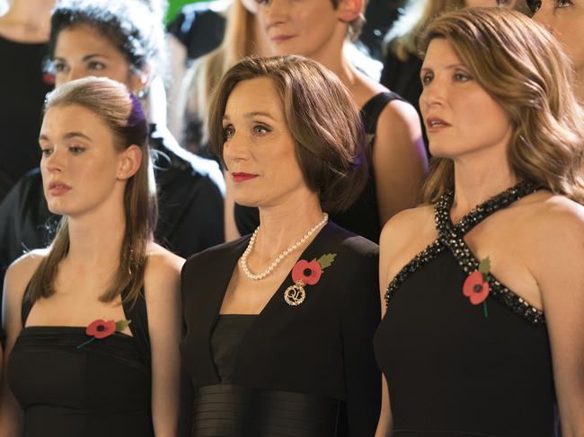 Kristin Scott Thomas and Sharon Horgan in a scene from the movie Military Wives. Supplied by Transmission Films.