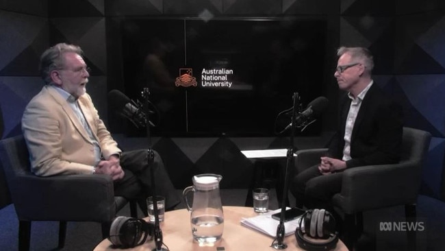 Professor Kenny interviews Emeritus Professor White at the ANU on the Democracy Sausage podcast. Picture: Supplied