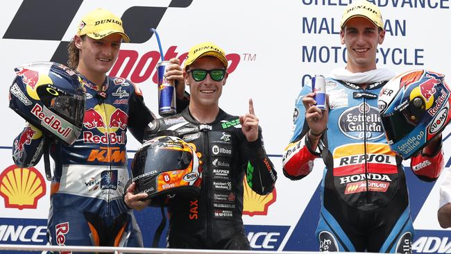 The Sepang Moto3 podium finishers.
