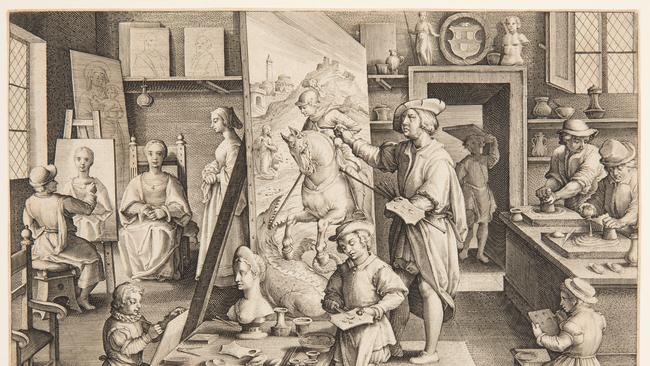 Jan van der Straet (Stradanus), engraved by Philip Galle Artist’s studio, with apprentices learning to draw, c. 1580s