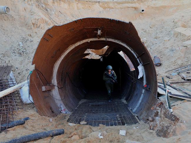 An Israeli soldier exits a tunnel that Hamas is said to have used to attack Israel through the Erez border crossing. Picture: AFP