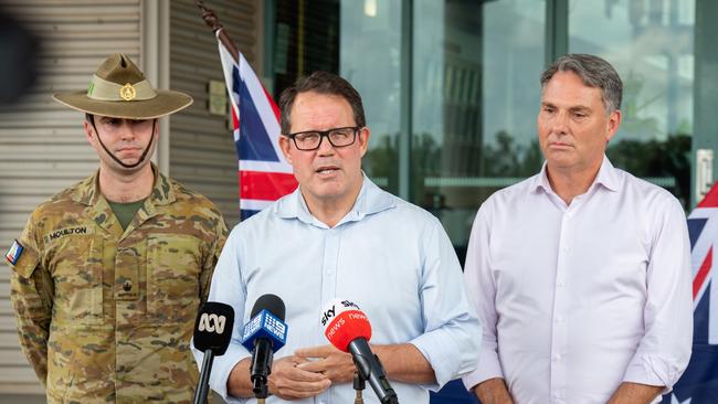 Luke Gosling and Richard Marles praises Darwin's 5th Battalion after their return from Operation Kudu at the press conference in Robertson Barracks, Darwin. Picture: Pema Tamang Pakhrin