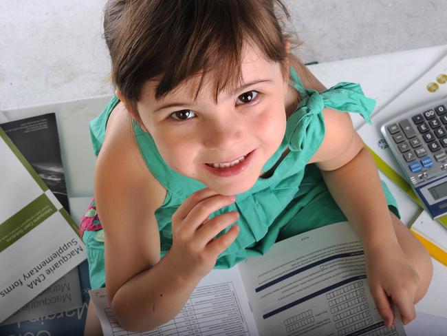 Young children posing for Your Money cover. Young brunette girl wearing green dress, trying to make sense of managed funds.