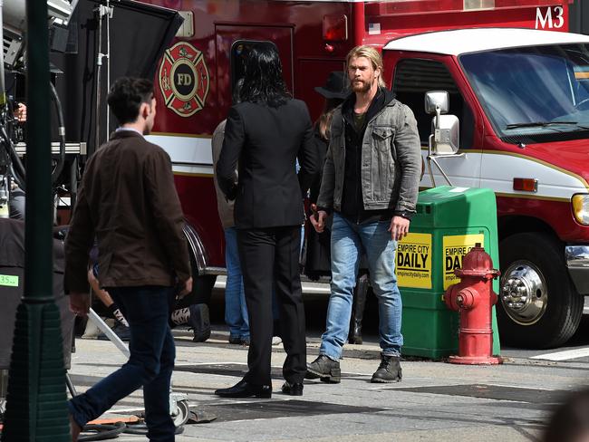 Hollywood actors Chris Hemsworth (right) and Tom Hiddleston act a scene during the filming of the movie Thor: Ragnarok in Brisbane, Picture: AAP