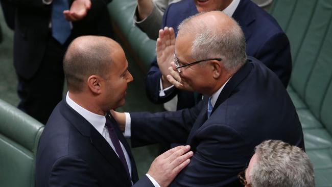 Treasurer Josh Frydenberg and Prime Minister Scott Morrison in Canberra post-Budget speech. Picture: Gary Ramage 