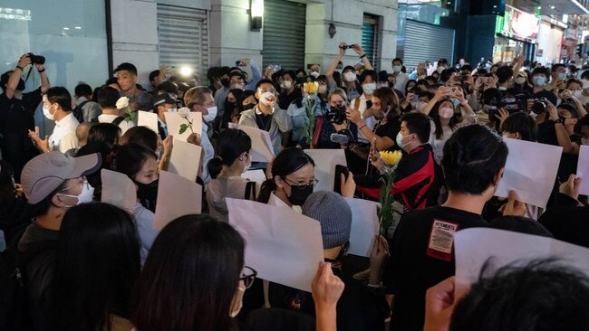 Students light candles on the campus of the Chinese University of Hong Kong on November 28, in solidarity with protests held on the mainland over Beijing’s Covid-19 restrictions. Picture: Anthony Kwan/Getty Images/WSJ