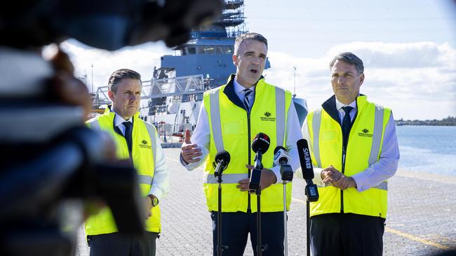 Premier Peter Malinauskas (middle) vowed to pressure the federal government to build the air warfare destroyers in Adelaide, if it accepted Navantia’s bid. Picture: Mark Brake