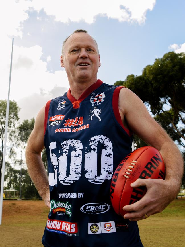 Eastern Park veteran Richie Carter wearing the specially designed 500-game guernsey. Picture: AAP/Morgan Sette