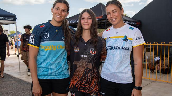 Shaylee Bent, Lily Roberts and Taliah Fuimaono at the 2024 Deadly Cup Carnival between the Indigenous All Stars and Territory All Stars. Picture: Pema Tamang Pakhrin