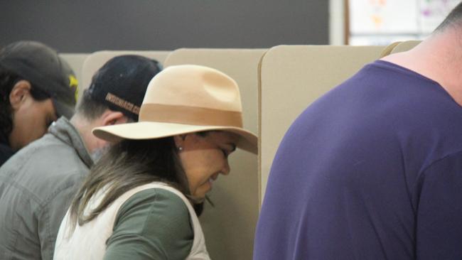 NT Senator Jacinta Price casts her vote alongside her husband Colin Lillie in the 2025 federal election at Braitling Primary School, Alice Springs, May 3, 2025. Picture: Gera Kazakov
