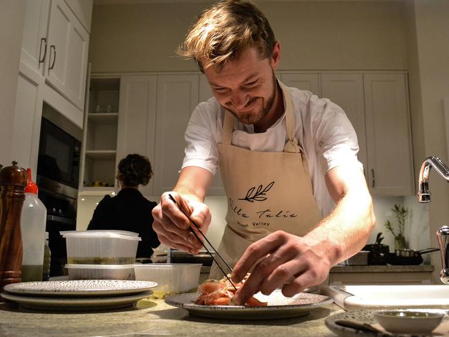 Red Velvet chef Gordon Leary prepares a meal from the popular Cygnet eatery’s “At Home” menu at Villa Talia. Picture: ZAK SIMMONDS