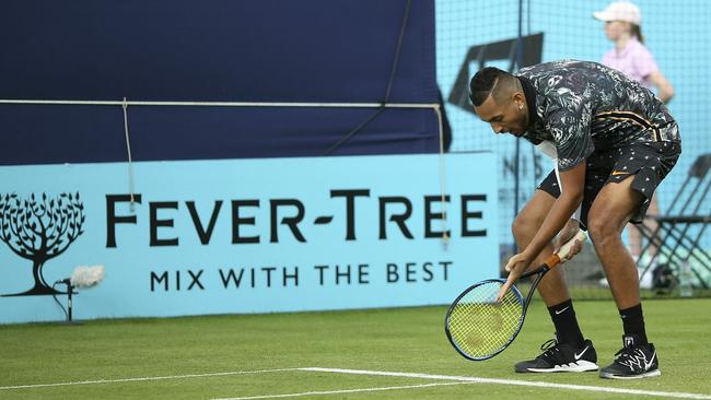 Australia’s Nick Kyrgios appeals to the umpire on court one during his Queen’s Club match against Spain'’ Roberto Carballes Baena. Picture: AP