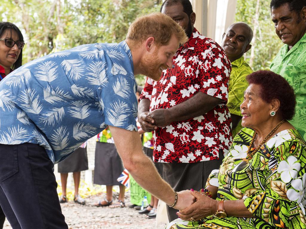 The Duke of Sussex meets Litiana Vulaca, 86, who served tea to Queen Elizabeth II on her visit in 1953.