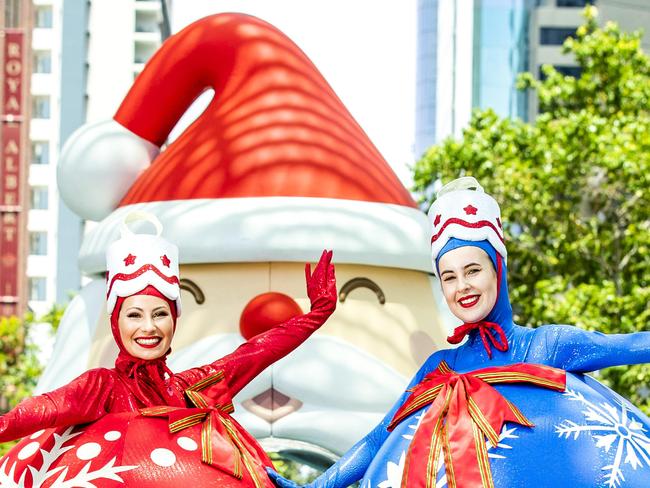 The 'Roller Baubles' Ally Vincent and Chloe Staples in Brisbane's Queen Street Mall for Christmas, Thursday, December 3, 2020 - Picture: Richard Walker