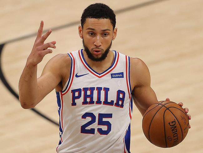 ATLANTA, GEORGIA - JUNE 18:  Ben Simmons #25 of the Philadelphia 76ers calls out a play against the Atlanta Hawks during the first half of game 6 of the Eastern Conference Semifinals at State Farm Arena on June 18, 2021 in Atlanta, Georgia.  NOTE TO USER: User expressly acknowledges and agrees that, by downloading and or using this photograph, User is consenting to the terms and conditions of the Getty Images License Agreement. (Photo by Kevin C. Cox/Getty Images)