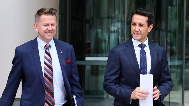 LNP leader David Crisafulli and his deputy Jarrod Bleijie outside 1 William Street in Brisbane. Picture: Tertius Pickard