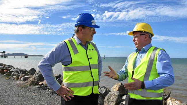 RELIABLE SUPPLY: Mako Tidal Turbines chief executive officer Douglas Hunt and Gladstone Ports Corporation chief executive officer Peter O'Sullivan discuss the six-month tidal turbine demonstration due to start soon at Barney Point. Picture: Tegan Annett