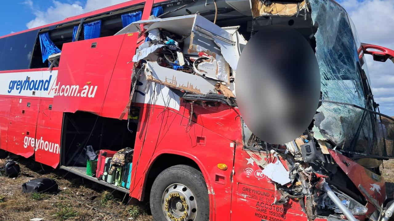 Photographs taken in the immediate aftermath of a horror fatal Greyhound passenger bus crash at Gumlu on the Bruce Highway south of Ayr on Sunday. The bus driver, picture, miraculously survived. Picture: Supplied
