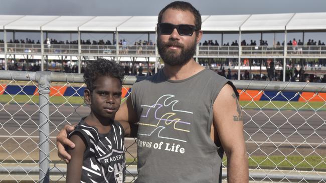 Boaz, 8, and Wayne Clarke at the 2023 Darwin Supercars. Picture: Fia Walsh