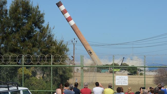 The Port Stanvac stack tumble begins. Picture: Sam Wundke.