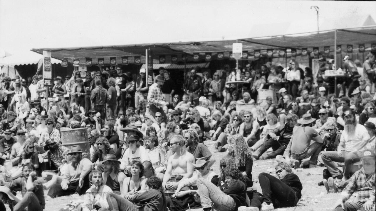 Music fans at Ponde rock music festival, held by the Hell's Angels Motorcycle Club in Ponde near Mannum, SA, 21 Feb 1993.