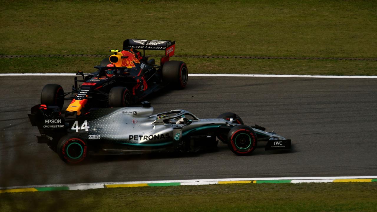 Lewis Hamilton punts Alex Albon out of podium contention. Picture: Douglas Magno