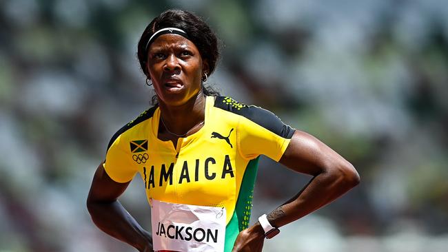 Shericka Jackson of Jamaica after finishing 4th place in her heat.