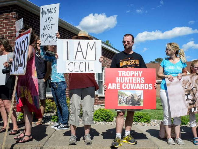 Disgust ... Protesters from Animal Rights Coalition and Minnesota Animal Liberation gathered in front of Dr. Walter Palmer's dental practice on Wednesday, to rally against him killing his involvement in the death of Cecil the Lion. Picture: Glen Stubbe/Star Tribune via AP