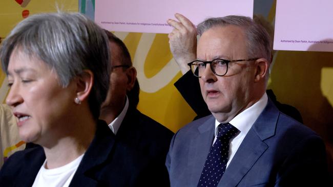 Prime Minister Anthony Albanese speaks to the media at the Adelaide Central Market to make his final pitch to the people of South Australia for the Yes vote. Picture: NCA NewsWire/Kelly Barnes